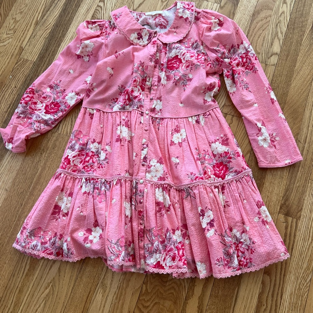 LoveShackFancy long sleeve pink floral mini dress size L